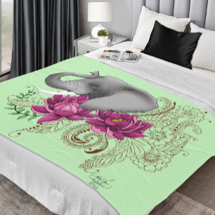 Elephant Henna Lotus Flowers Fleece Blanket