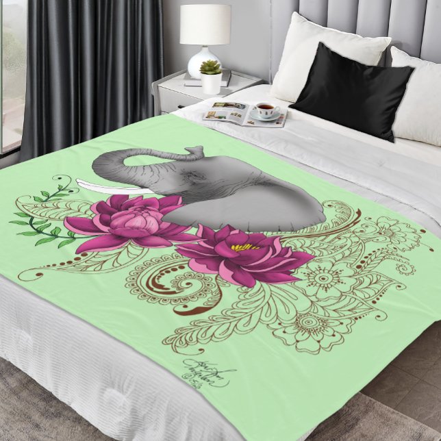 Elephant Henna Lotus Flowers Fleece Blanket (Creator Uploaded)