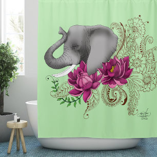 Elephant Henna Lotus Flowers  Shower Curtain