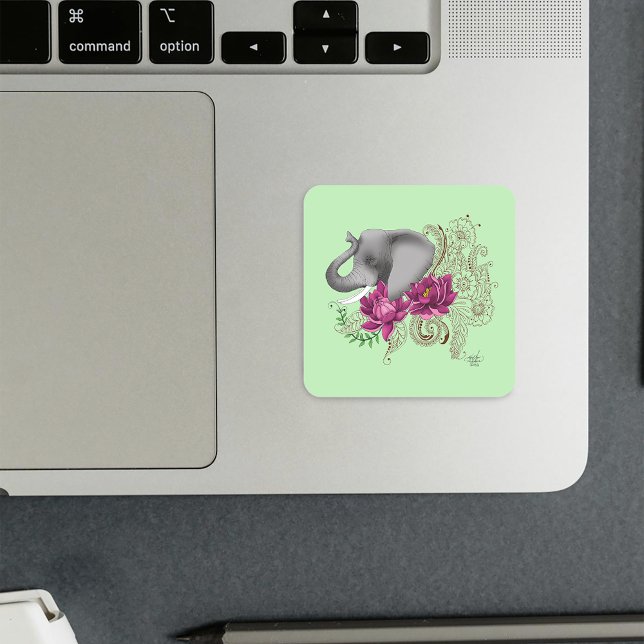 Elephant Henna Lotus Flowers Square Sticker (Creator Uploaded)