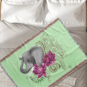 Elephant Henna Lotus Flowers Throw Blanket