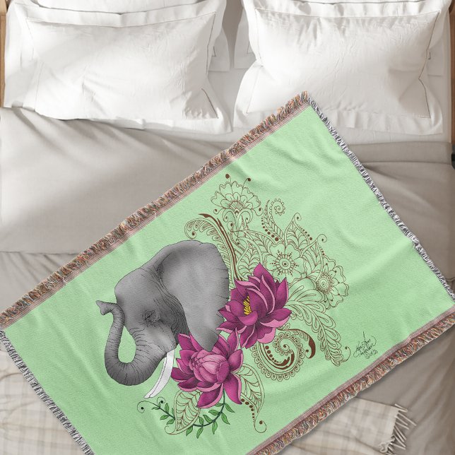 Elephant Henna Lotus Flowers Throw Blanket (Creator Uploaded)