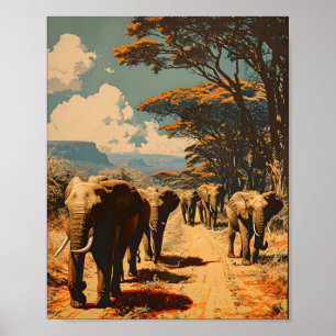Elephant herd Vintage Poster
