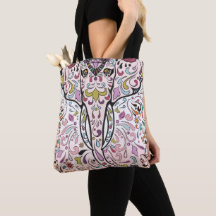 Elephant Hindi India Sugar Skull Pattern Tote Bag