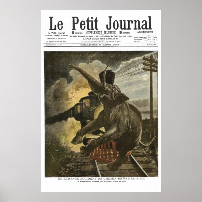 Elephant hit by train - 1908 French newspper print (Front)