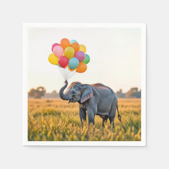 Elephant Holding A Birthday Balloon Bouquet Napkin (Front)