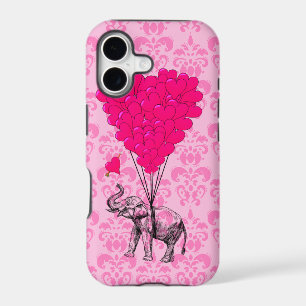 Elephant holding heart on pink damask