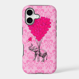 Elephant holding heart on pink damask