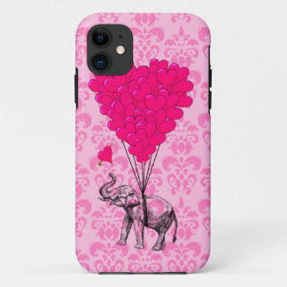 Elephant holding heart on pink damask iPhone 11 case