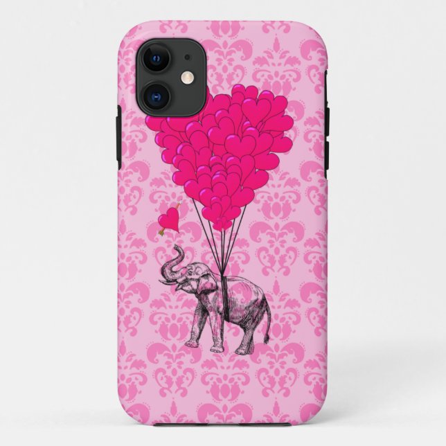 Elephant holding heart on pink damask Case-Mate iPhone case (Back)