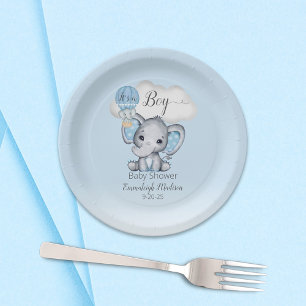 Elephant Hot Air Balloon Baby Boy Shower Paper Plate