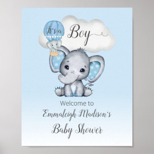 Elephant Hot Air Balloon Baby Boy Welcome Poster