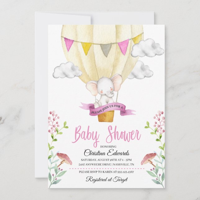 Elephant Hot Air Balloon Baby Shower Invitation (Front)