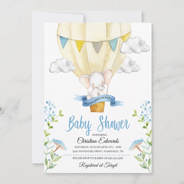 Elephant Hot Air Balloon Baby Shower Invitation (Front)