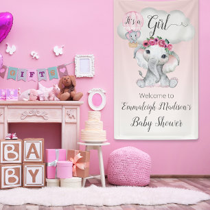 Elephant Hot Air Balloon Baby Shower It's a Girl Banner