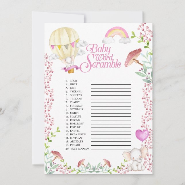 Elephant Hot Air Balloon Baby Word Scramble Game Invitation (Front)