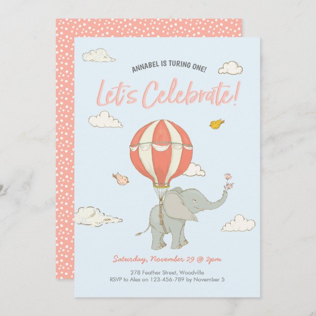Elephant Hot Air Balloon Birthday Invitation (Front/Back)