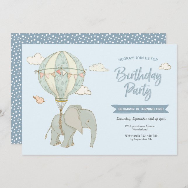 Elephant Hot Air Balloon Birthday Invitation (Front/Back)
