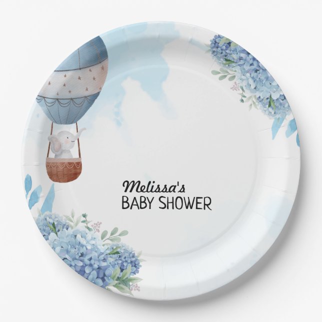 Elephant hot air balloon blue hydrangea custom paper plate (Front)
