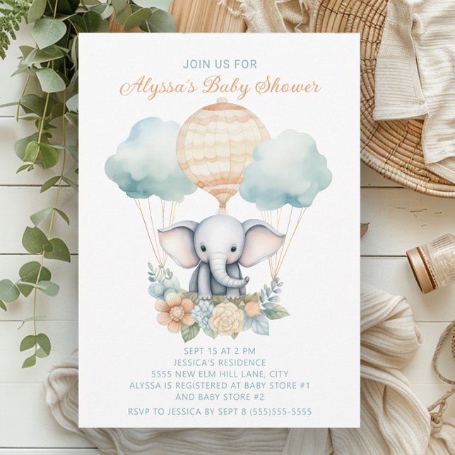 Elephant Hot Air Balloon Blue Peach Boy Invitation (Baby elephant and balloons baby boy shower invitation)