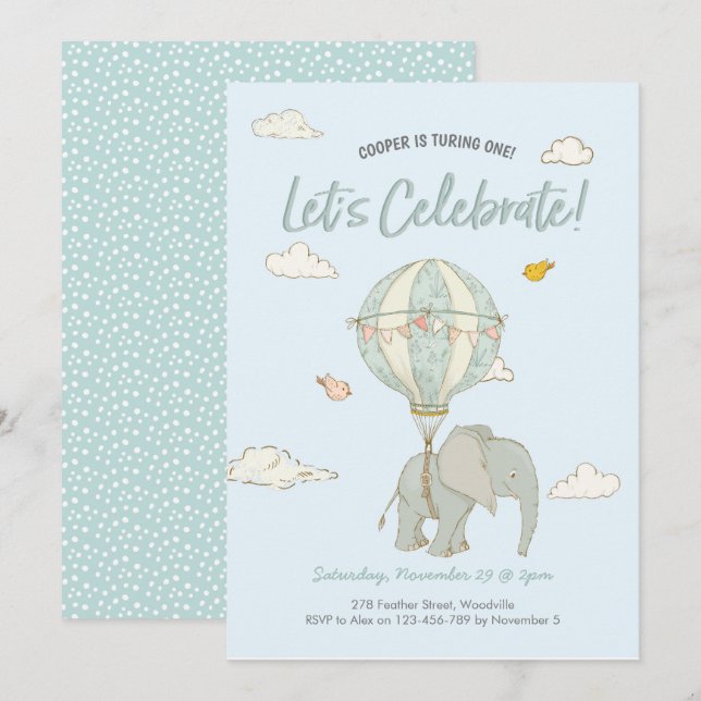 Elephant Hot Air Balloon Boys Birthday Invitation (Front/Back)