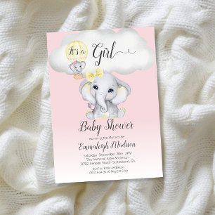 Elephant Hot Air Balloon Girl Baby Shower   Pink I Invitation