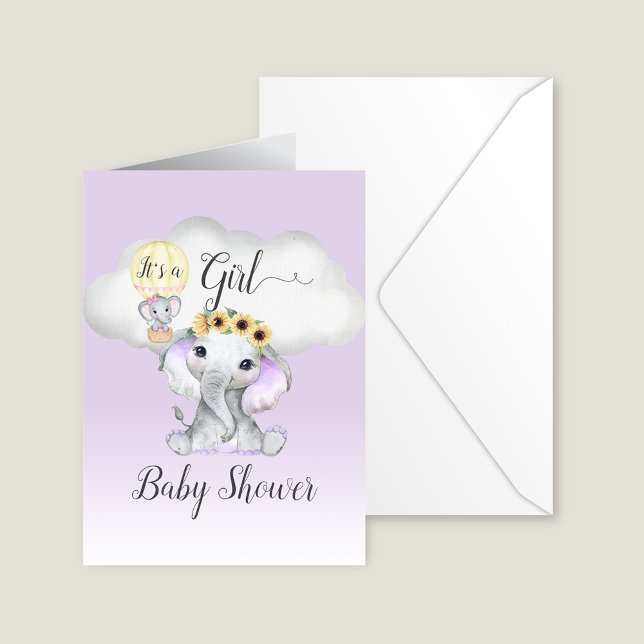 Elephant Hot Air Balloon Girl Baby Shower | Purple Invitation (Creator Uploaded)