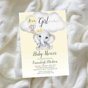 Elephant Hot Air Balloon Girl Baby Shower Yellow Invitation
