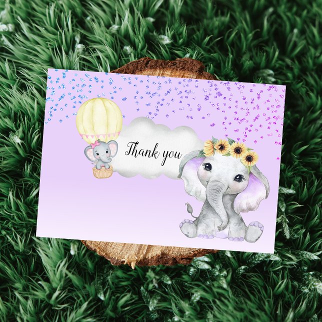 Elephant Hot Air Balloon Purple Baby Shower Thank You Card (Creator Uploaded)