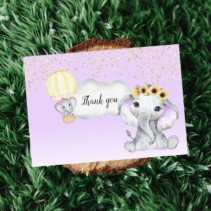 Elephant Hot Air Balloon Purple Baby Shower Thank You Card
