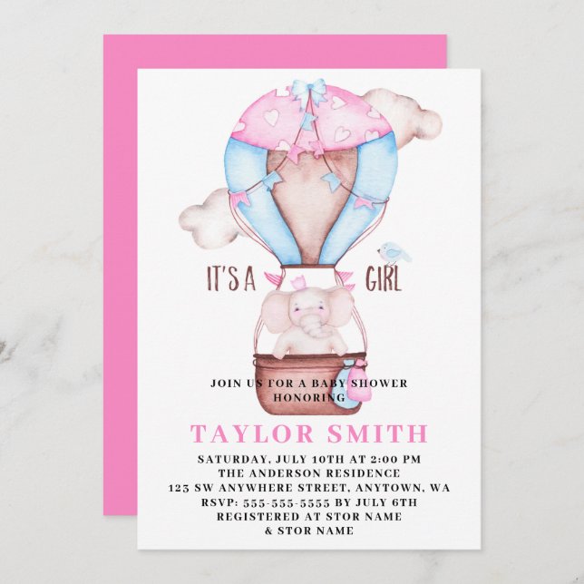 Elephant Hot Air Balloon Watercolor Baby Shower Invitation (Front/Back)