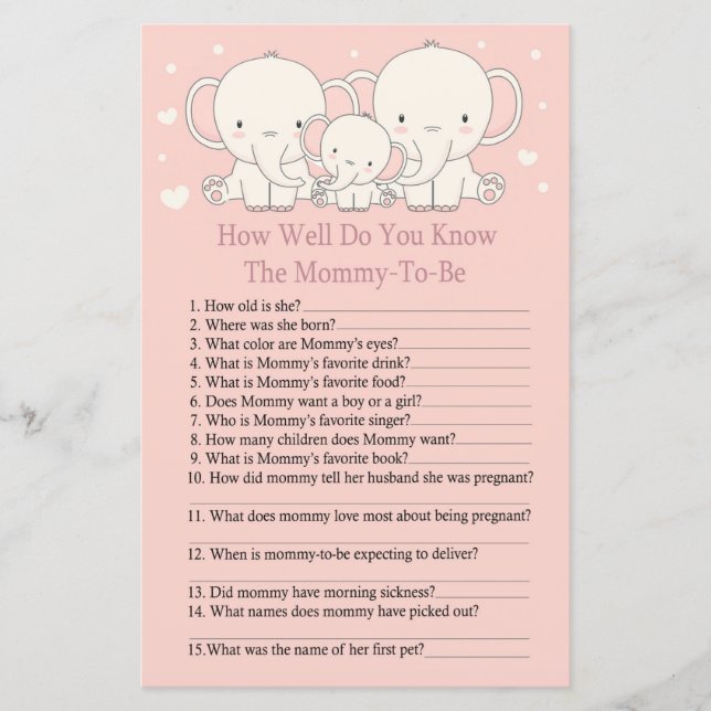 Elephant How well do you know baby shower game (Front)