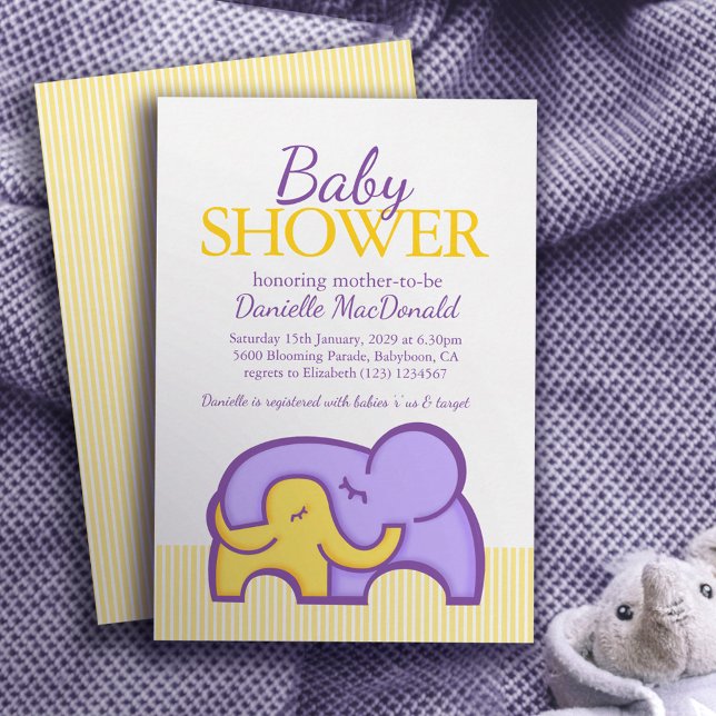Elephant hug baby shower purple yellow invitation (Creator Uploaded)