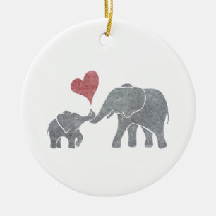 Elephant Hugs Grey Mum and Baby with Red Heart Ceramic Tree Decoration