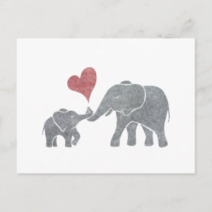 Elephant Hugs Grey Mum and Baby with Red Heart Postcard