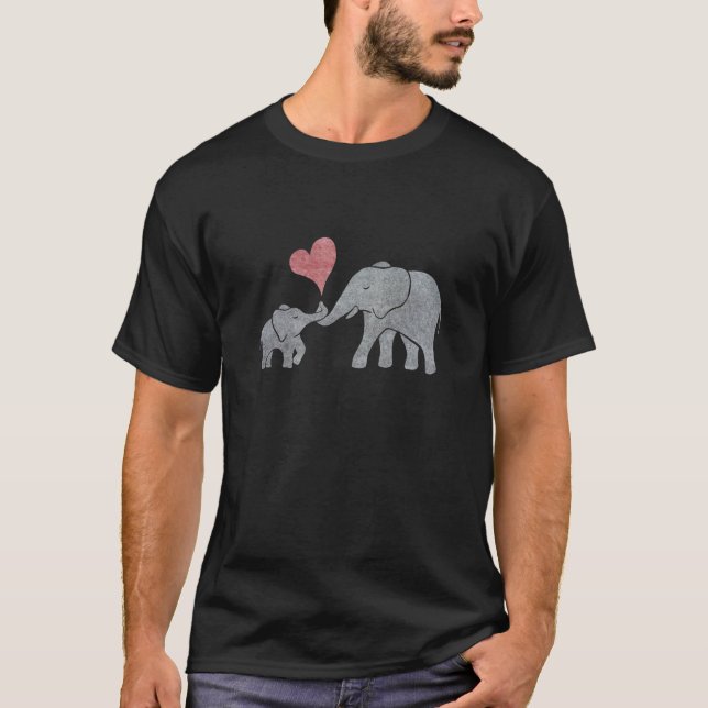 Elephant Hugs Grey Mum and Baby with Red Heart T-Shirt (Front)