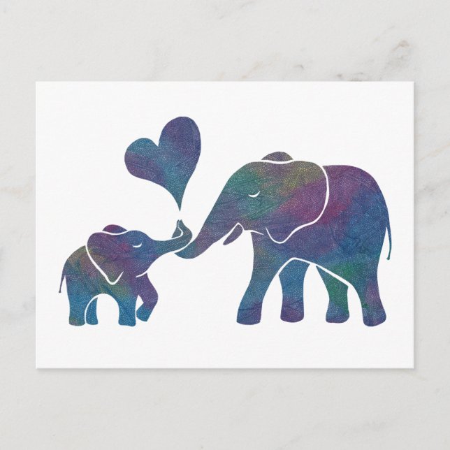 Elephant Hugs Rainbow Mum and Baby with Heart Postcard (Front)