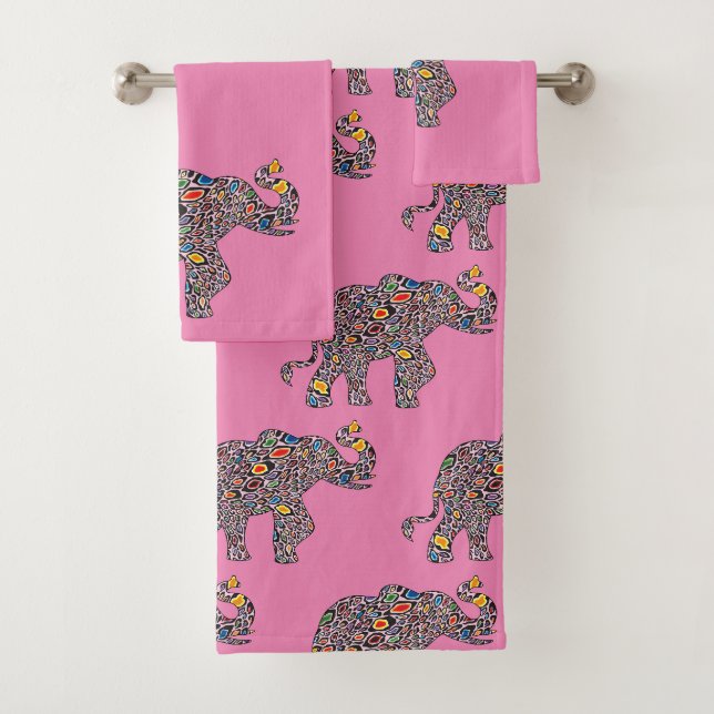 Elephant in a Psychedelic Cheetah Pattern Bath Towel Set (Insitu)