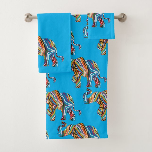 Elephant in a Psychedelic Zebra Pattern Bath Towel Set (Insitu)