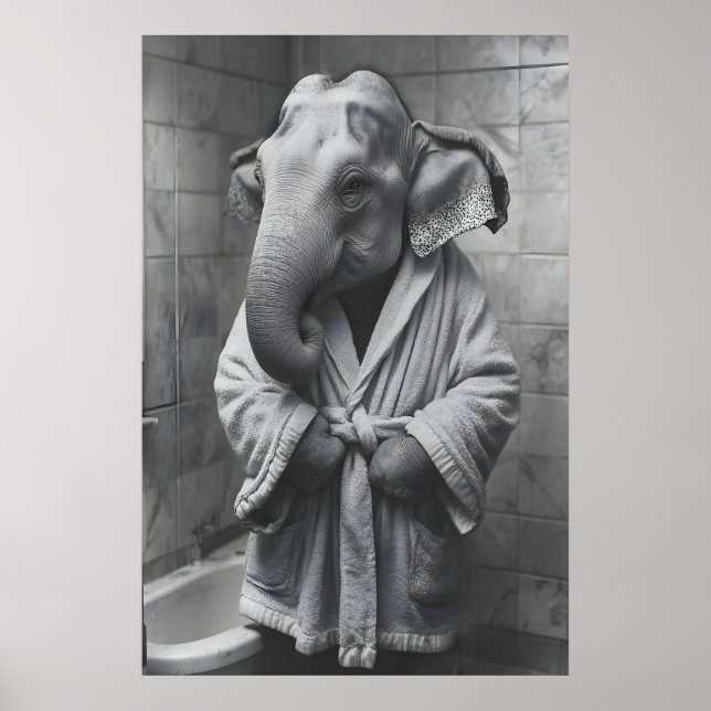 Elephant in Bathrobe Print, Funny Bathroom Art Poster (Front)