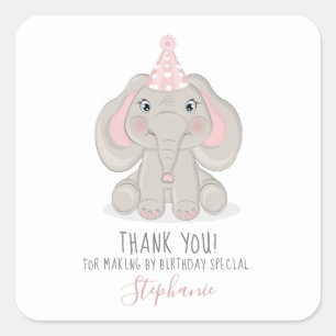 Elephant in Birthday Party Hat Square Sticker