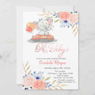 Elephant In Car,Balloons Floral Baby Shower Invitation
