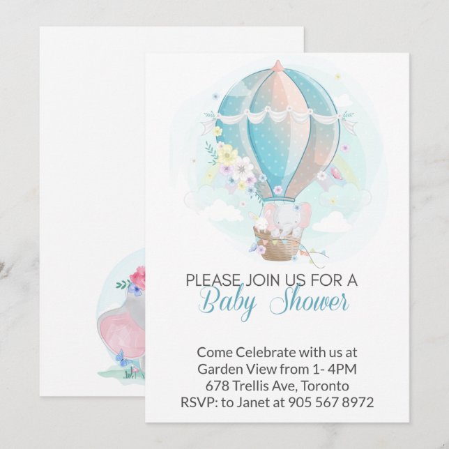 Elephant in Hot Air Balloon Baby Shower Invitation (Front/Back)