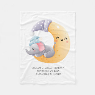 Elephant in Moon Personalised Birth Stats Baby Fleece Blanket