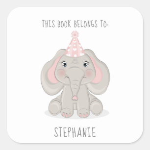 Elephant in Party Hat This Book Belongs to Square Sticker