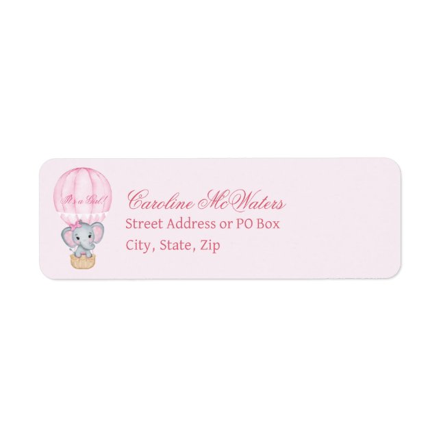 Elephant in Pink Hot Air Balloon Return Address Label (Front)