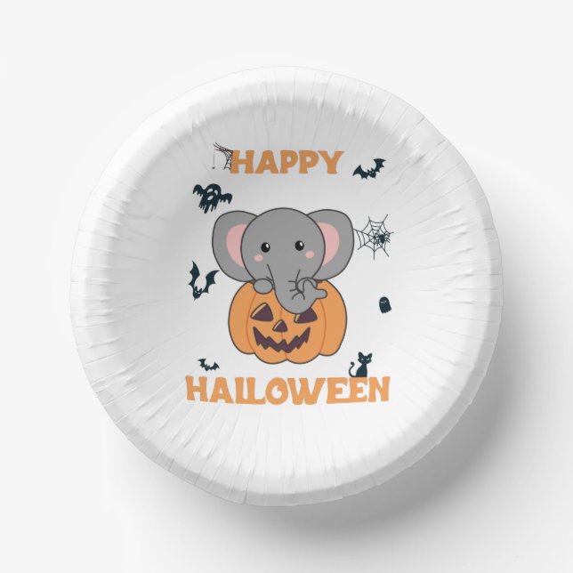 Elephant In Pumpkin Cute Elephant Happy Halloween Paper Plate (Front)