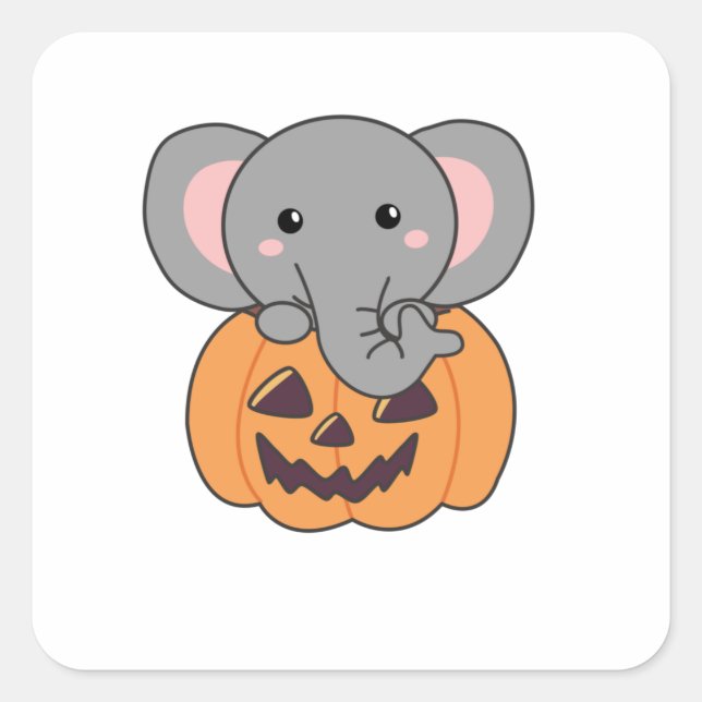 Elephant In Pumpkin Cute Elephant Happy Halloween Square Sticker (Front)