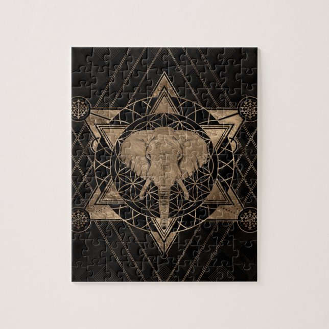 Elephant in Sacred Geometry - Black and gold Jigsaw Puzzle (Vertical)