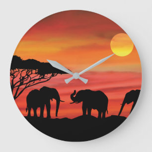 Elephant in the Serengeti Sunset Large Clock
